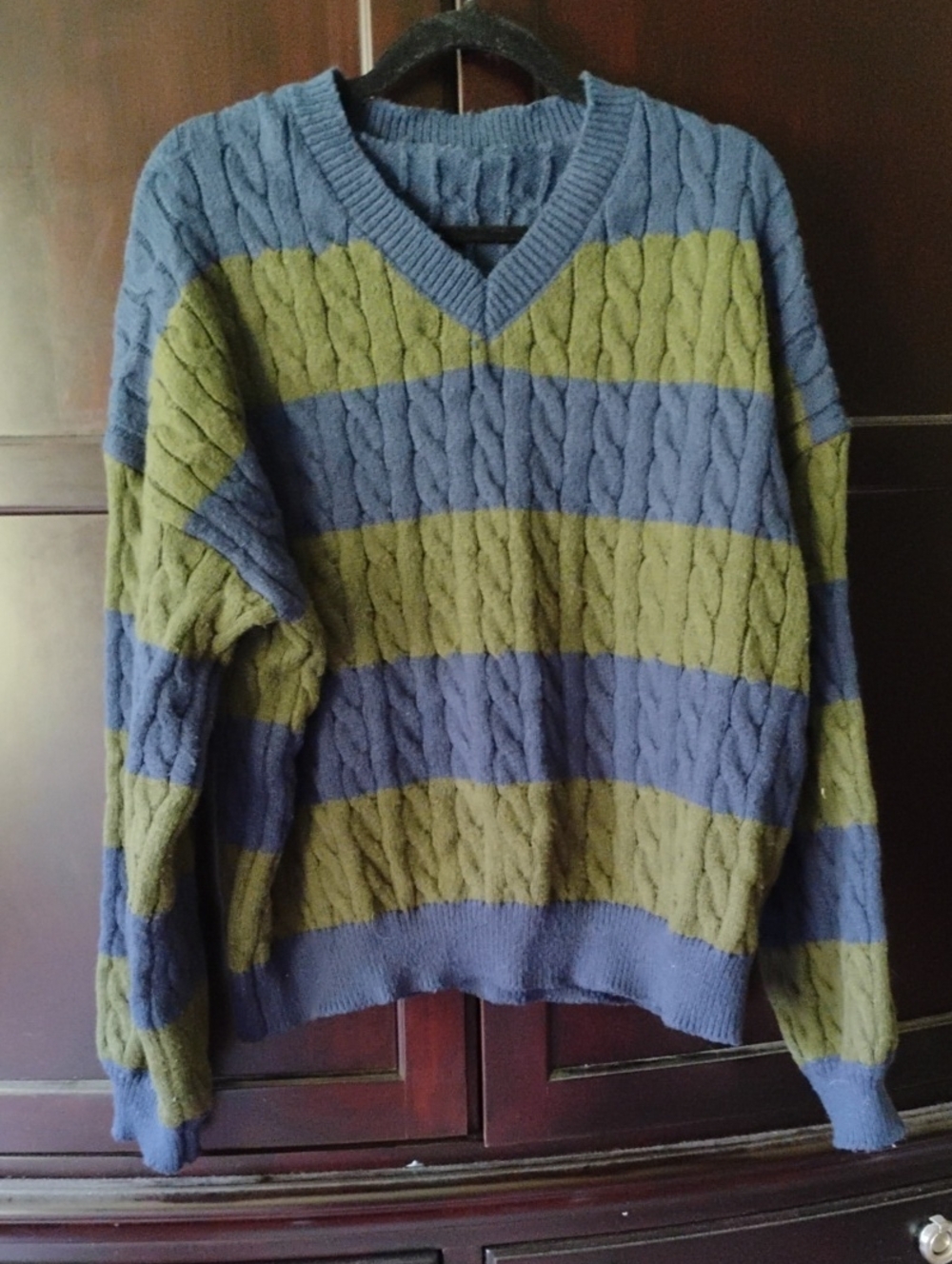 Striped V-Neck Cable Knit Sweater - Blue & Olive L